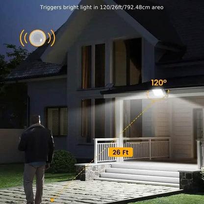 Solar LED motion floodlight glowing at night with motion sensor coverage area