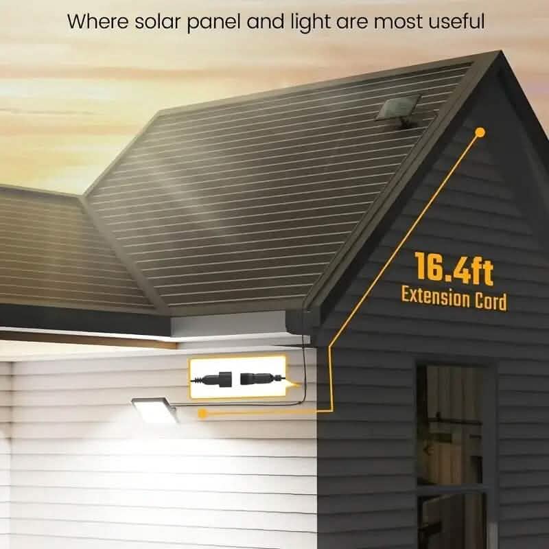 Solar LED motion floodlight mounted under a roof eave with extension cord