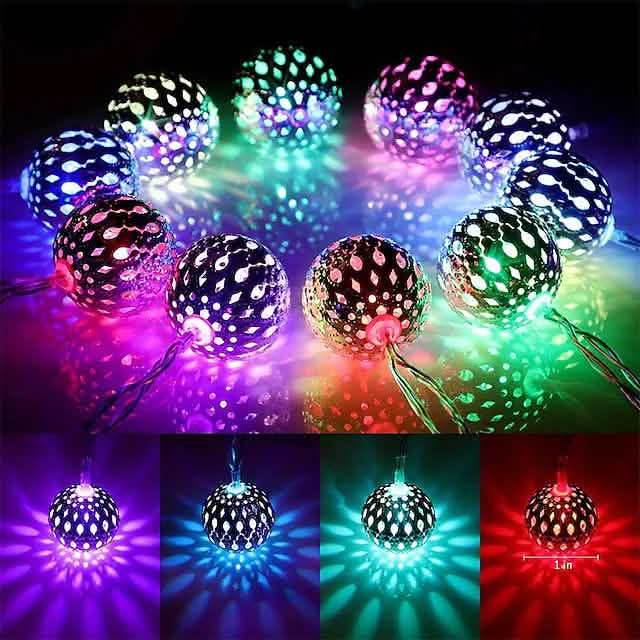 LED solar string lights with multicolor RGB globe bulbs on a wire strand