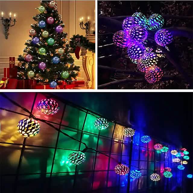 LED solar string lights with multicolor RGB globe bulbs on a decorative tree