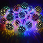 LED solar string lights with multicolor RGB globe bulbs on a wire strand