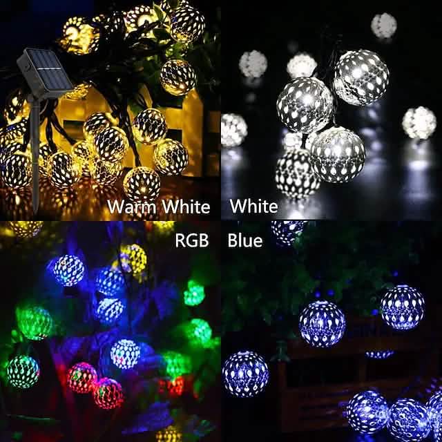 LED solar string lights with mixed white and RGB globe bulbs and a small solar panel