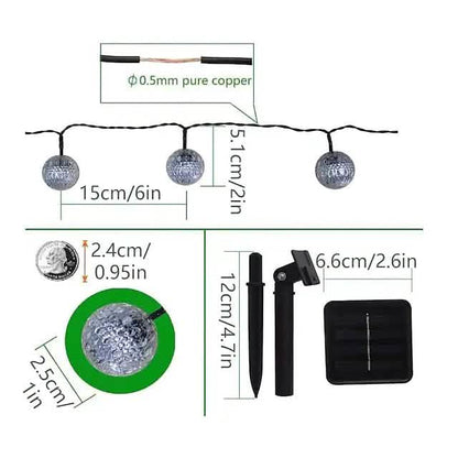 LED solar string lights diagram: copper wire, globe bulbs, and square solar panel