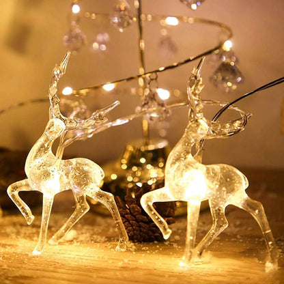 Warm white LED reindeer string lights with glowing deer figures on thin wire