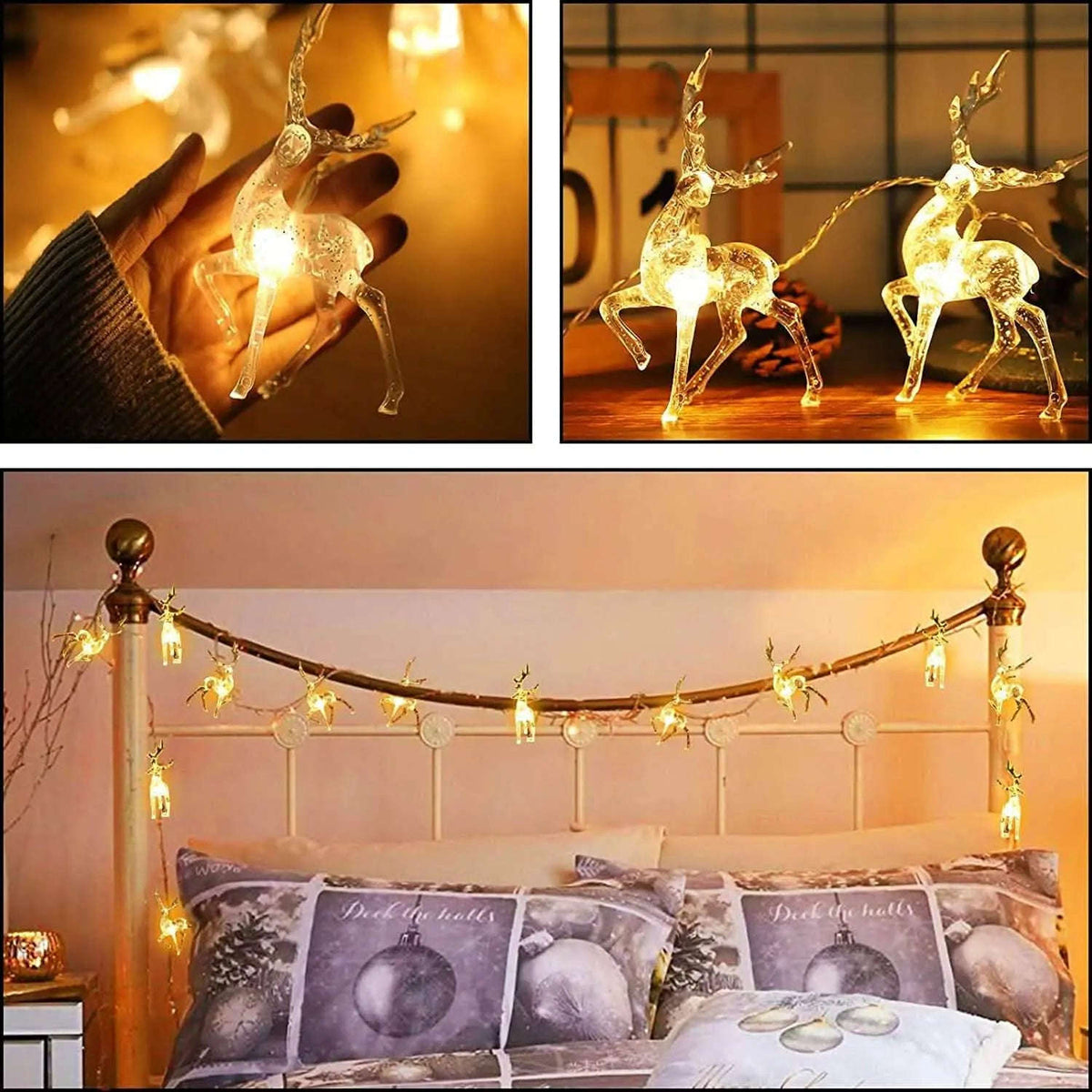 Warm white LED reindeer string lights with glowing deer figures hanging on wire