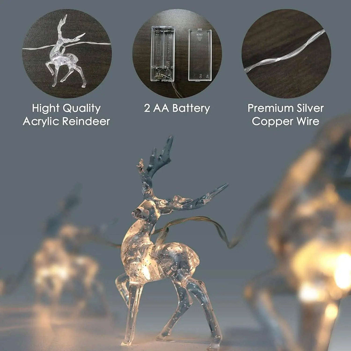 Acrylic warm white LED reindeer light with battery and silver wire feature icons
