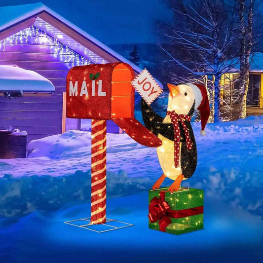 Lighted Christmas Decoration Mailbox and Penguin 3D Pre-Lit Xmas Holiday Decoration