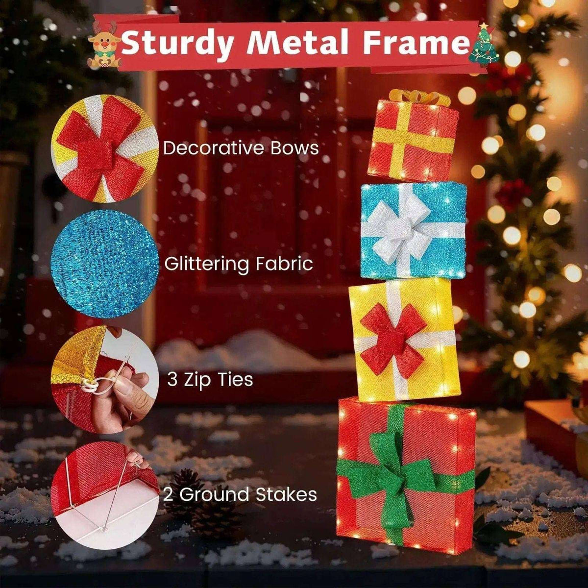 Lighted Gift Boxes Christmas Decoration 2D Set of 4 Pre-Lit Stacked Xmas Gift Boxes Cartsfy Inc.