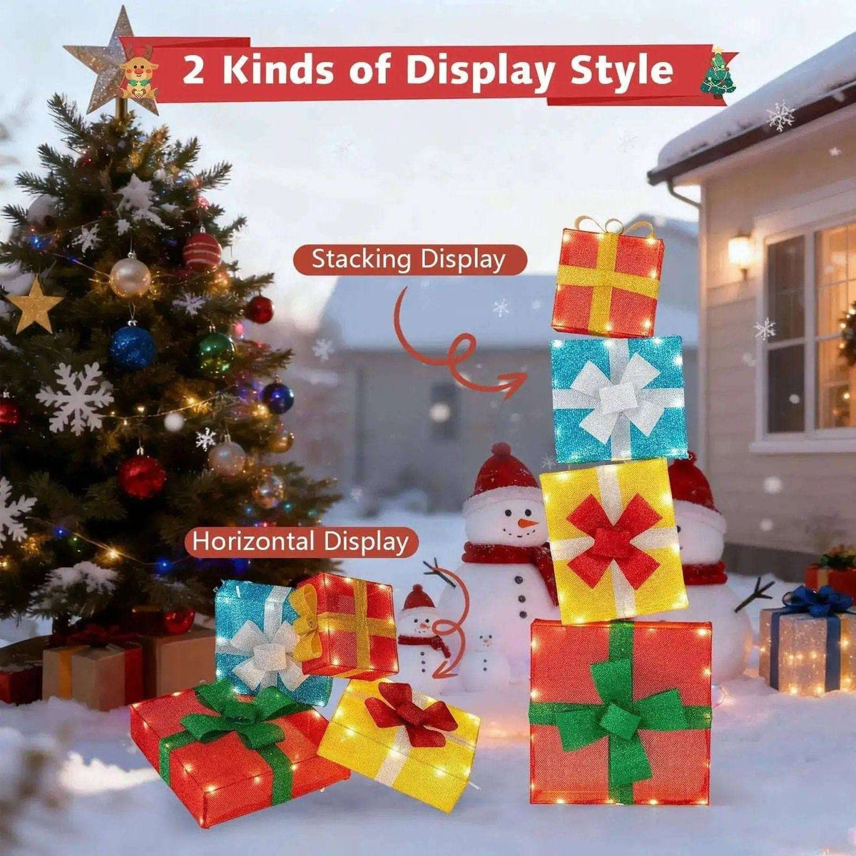 Lighted Gift Boxes Christmas Decoration 2D Set of 4 Pre-Lit Stacked Xmas Gift Boxes Cartsfy Inc.