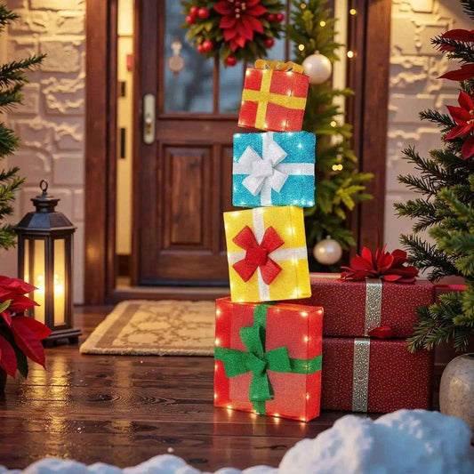 Lighted Gift Boxes Christmas Decoration 2D Set of 4 Pre-Lit Stacked Xmas Gift Boxes
