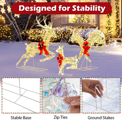 3-Piece Lighted Christmas Reindeer Family with LED Lights and Bows