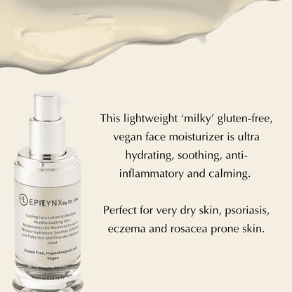 Face moisturizer bottle with silver pump and clear glass base