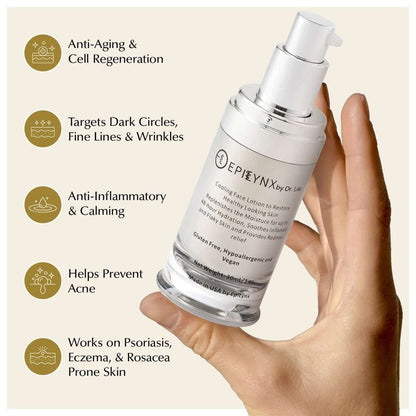Moisturizer bottle held in hand with silver pump top, skincare lotion