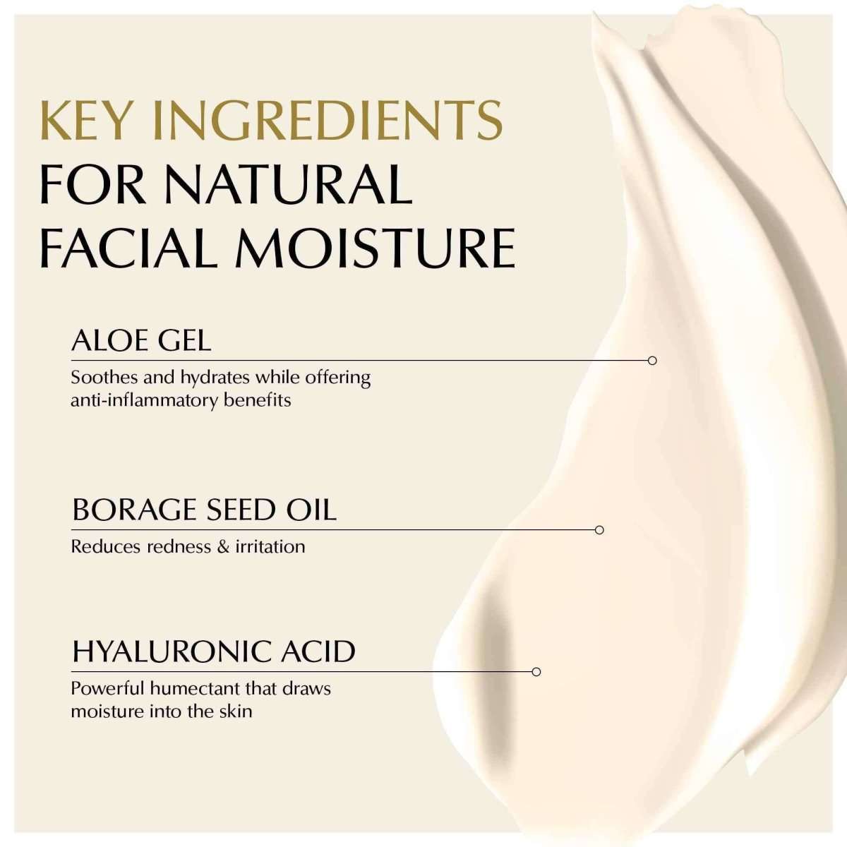 Face moisturizer ingredient card with text listing aloe gel, borage seed oil, hyaluronic acid