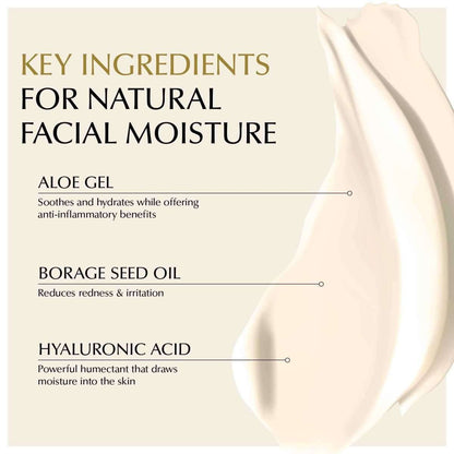 Face moisturizer ingredient card with text listing aloe gel, borage seed oil, hyaluronic acid
