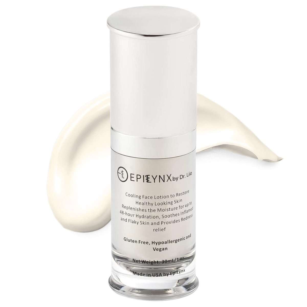 White-capped face moisturizer bottle with clear lower section and label