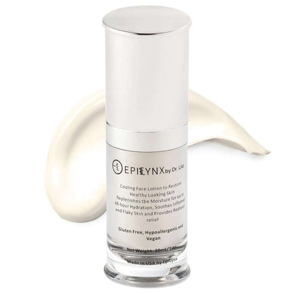 White-capped face moisturizer bottle with clear lower section and label