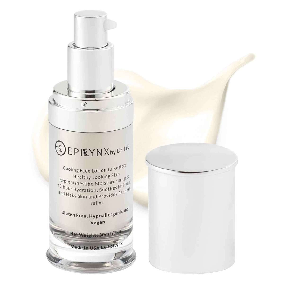 Silver face moisturizer bottle with stacked pump-style collar and jar