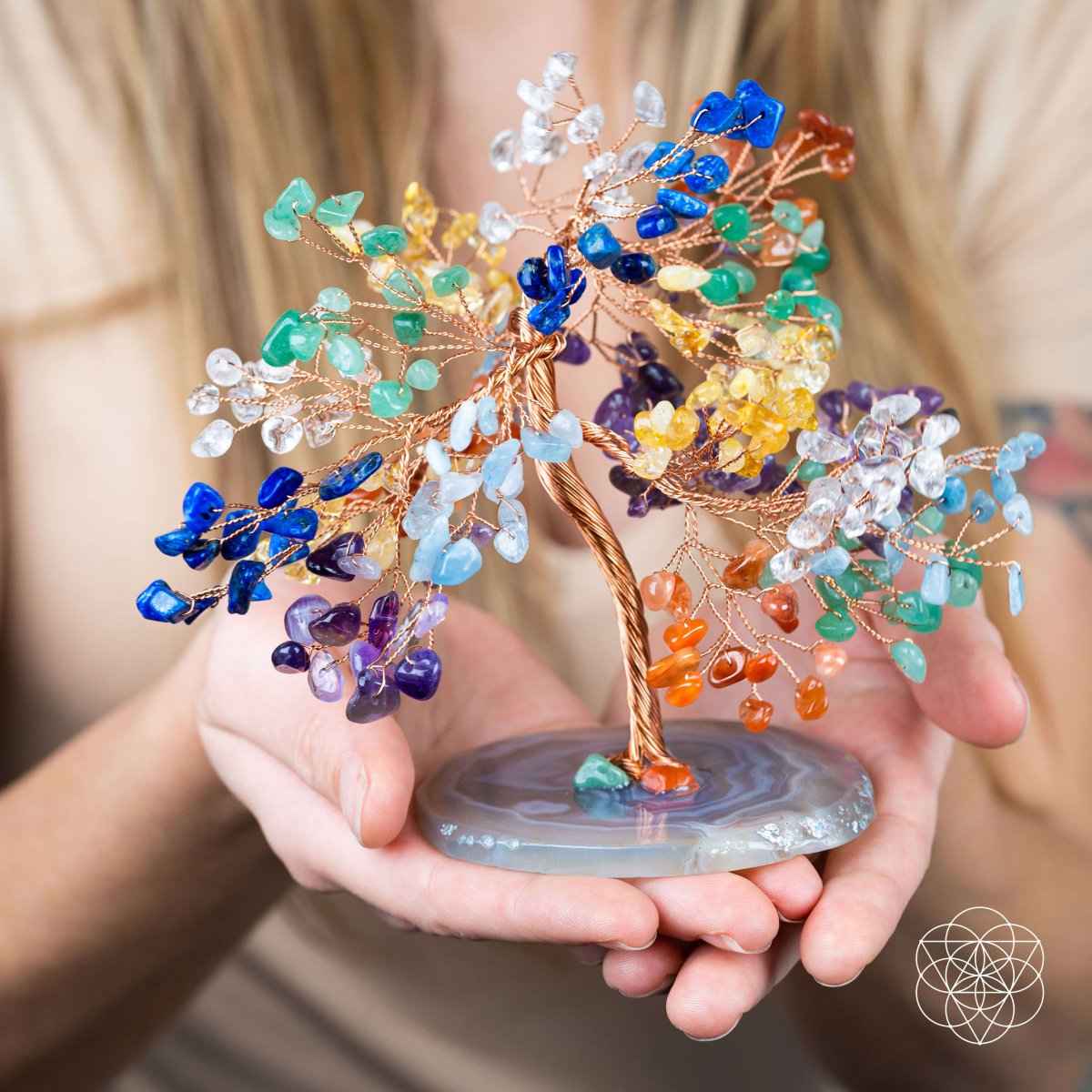 Feng shui chakra tree crystal decor with multicolor bead branches on a round base
