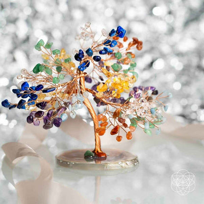 Crystal chakra tree figurine with copper trunk, multicolor gem branches, on round base