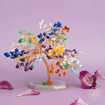 Multicolor crystal chakra tree figurine with twisted copper trunk and round stone base
