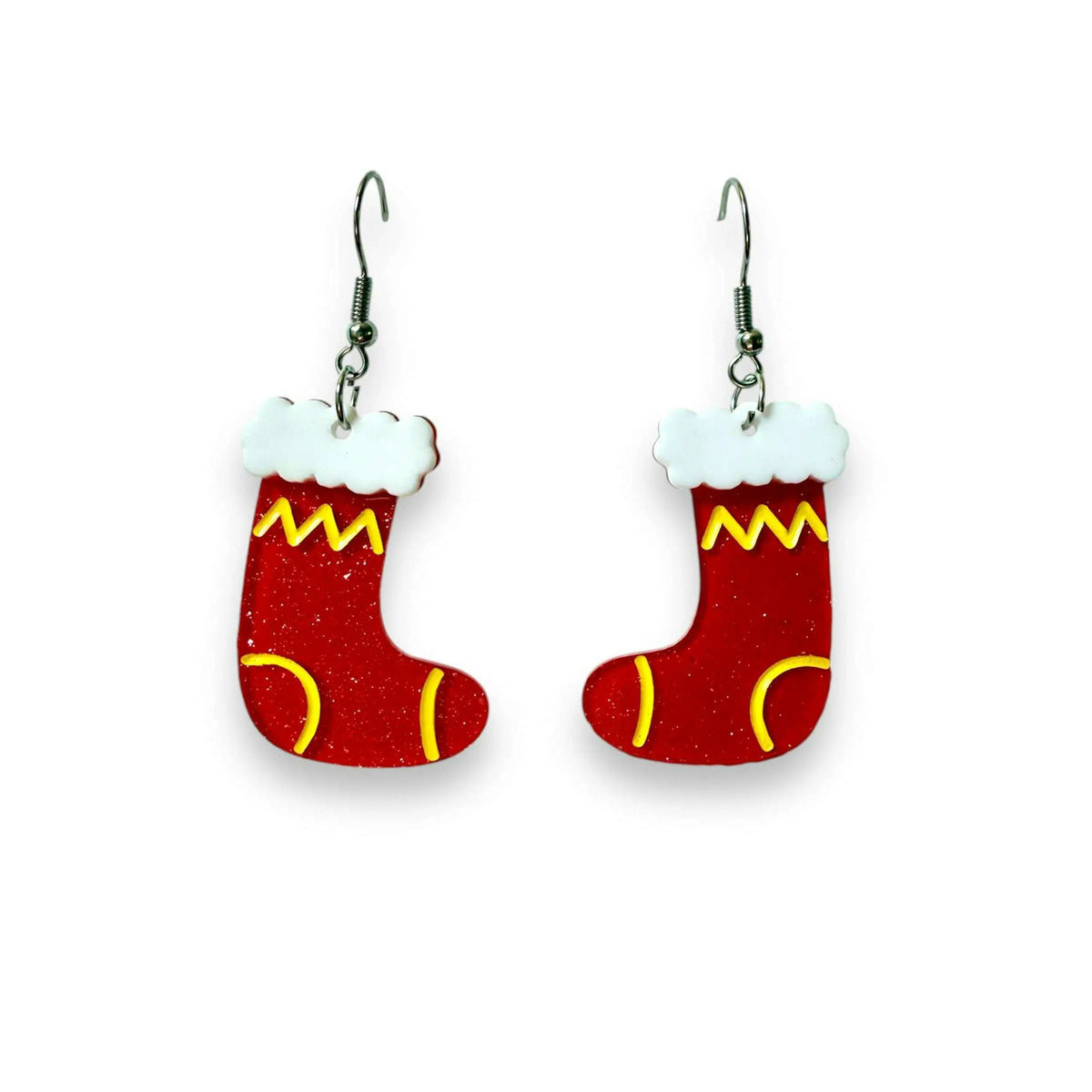 Christmas stocking drop earrings: red stocking, white cuff, yellow zigzag, blue top