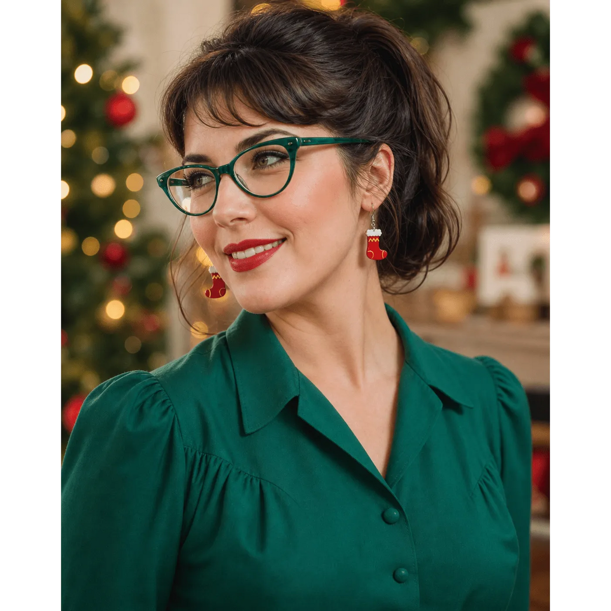 Red stocking drop earrings with white cuff and yellow trim, on model