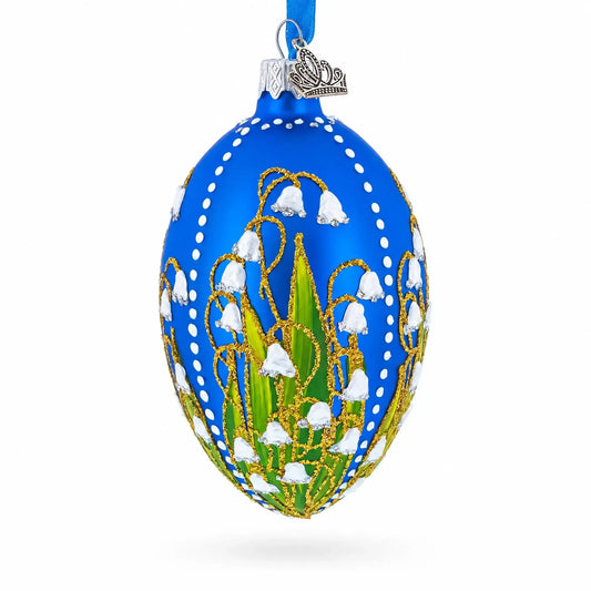 1898 Lilies of the Valley Royal in Blue Egg Glass Egg Christmas Ornament 4 Inches BestPysanky Default Title Default Title-