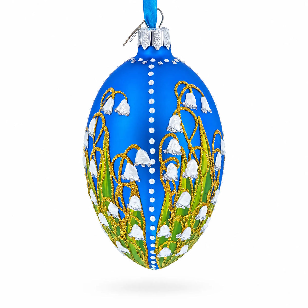 1898 Lilies of the Valley Royal in Blue Egg Glass Egg Christmas Ornament 4 Inches