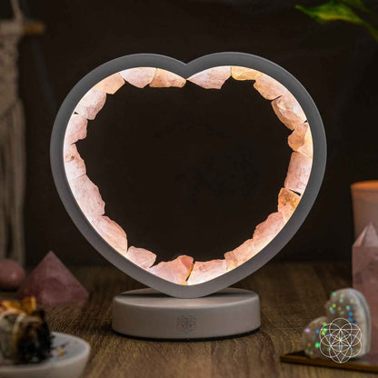 Heart night light with pink rose quartz stones set in a gray heart frame