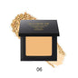 Matte powder foundation compact, open black case with light beige powder block