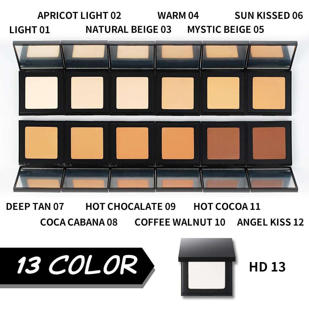 Matte powder foundation shade palette with multiple powder squares in display tray
