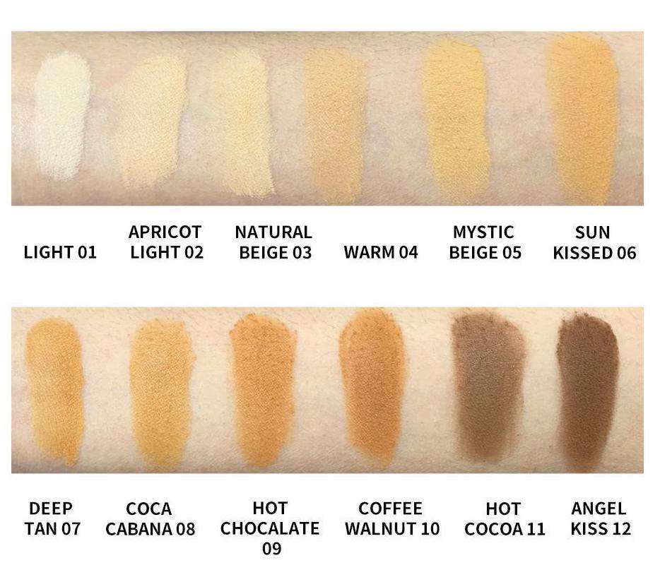 Luminous Matte Powder Foundation shade swatch chart with light-to-deep powder strips