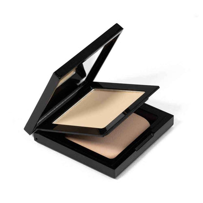Matte powder foundation compact with open lid and light beige square refill pan