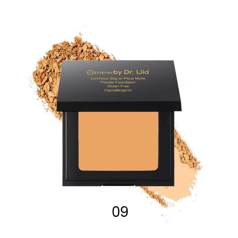 Matte powder foundation compact, shade 09, with warm orange square pan and powder scatter