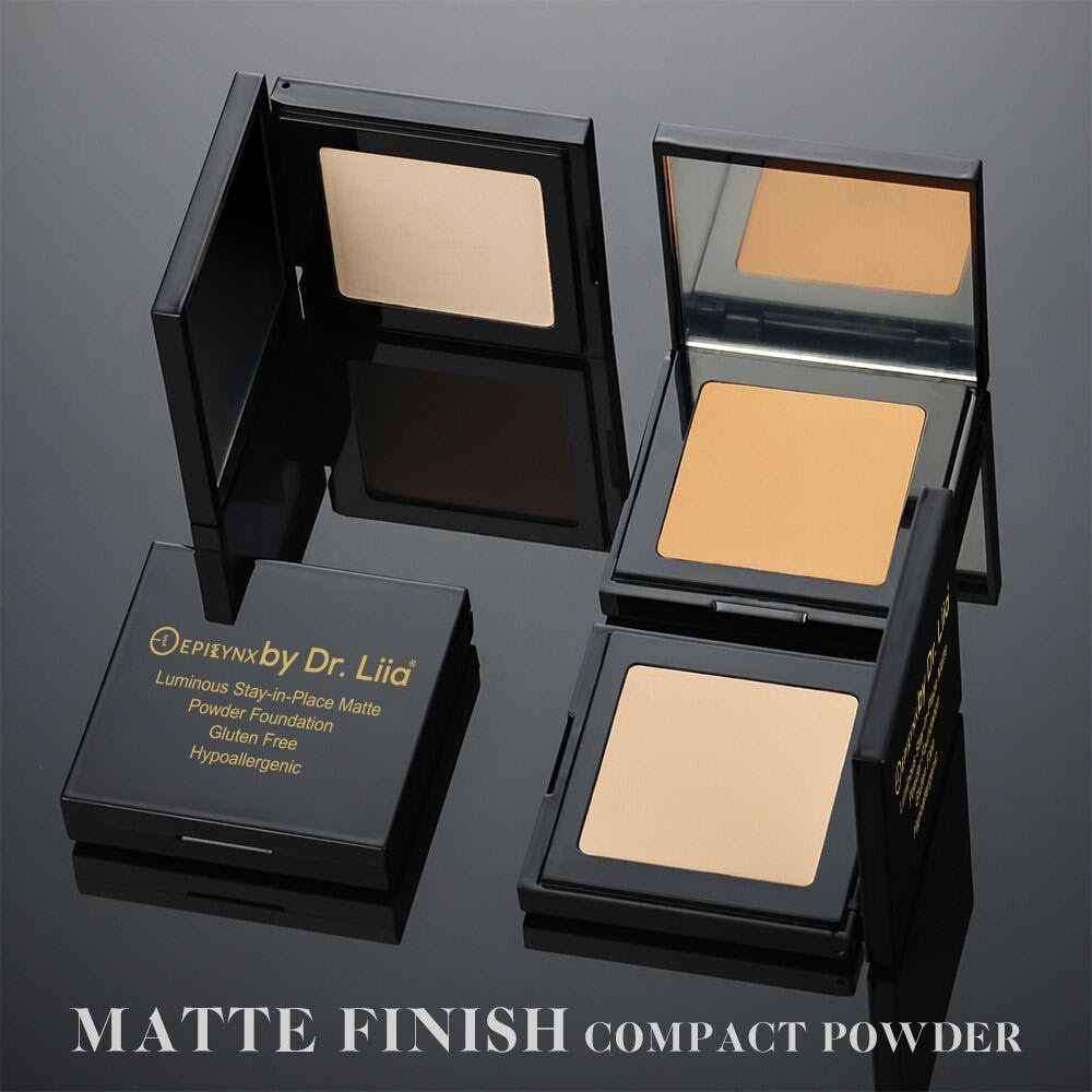 Matte powder foundation compact with multiple shades shown in open cases