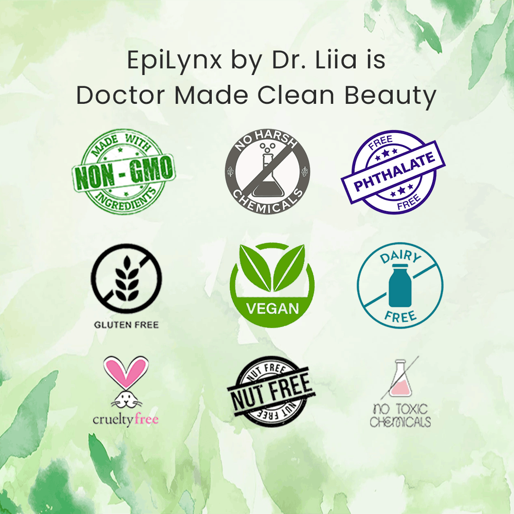 Clean beauty certification icons for vegan, gluten-free, phthalate-free, and cruelty-free