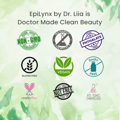 Clean beauty certification icons for vegan, gluten-free, phthalate-free, and cruelty-free
