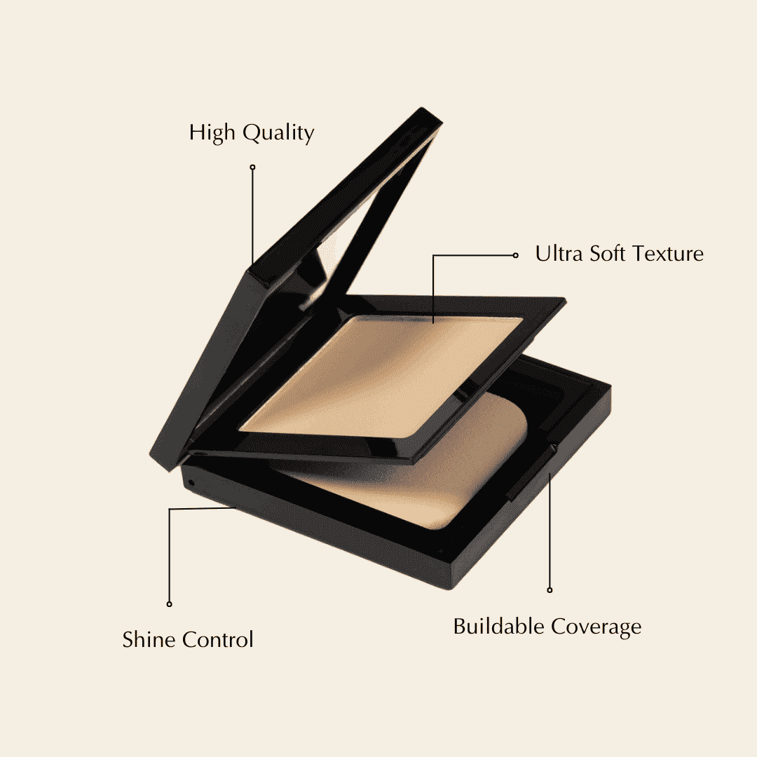 Matte powder foundation compact with mirror and powder pan, open black case