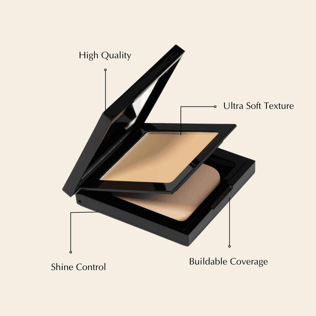 Matte powder foundation compact diagram showing shine control and buildable coverage