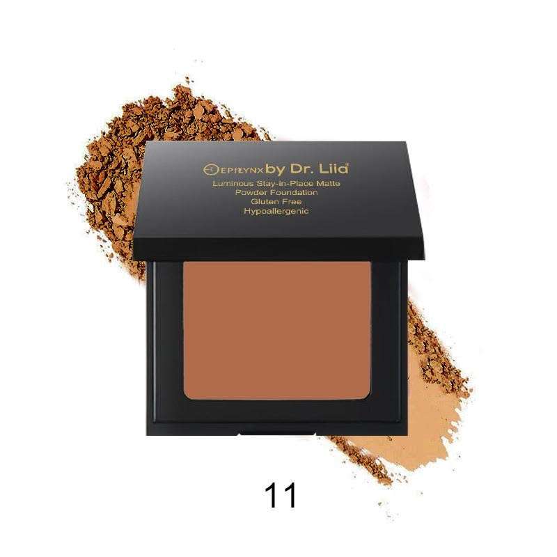Matte powder foundation compact, shade 11, medium brown powder in open black case