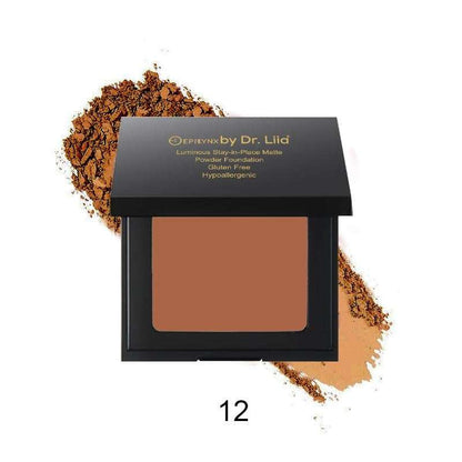 Matte powder foundation compact, shade 12, with deep terracotta square pan and powder scatter