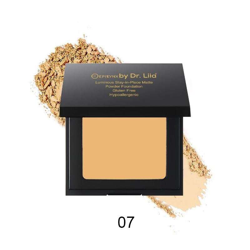 Matte powder foundation compact, open black case with apricot beige powder block