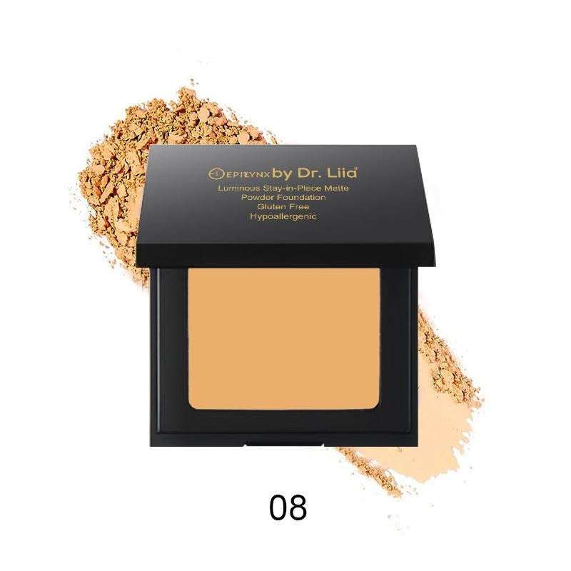 Matte powder foundation compact, open black case with warm golden beige powder block