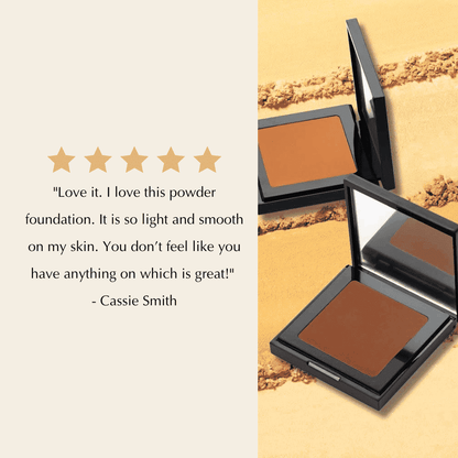 Matte powder foundation compact with open lid and warm orange square powder pan