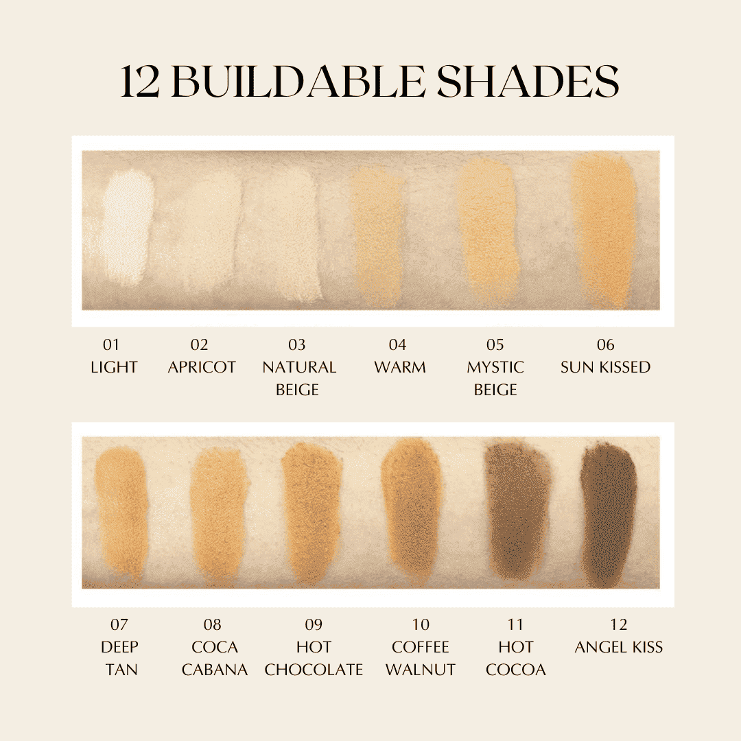 Buildable shades chart with multiple matte powder swatches from light to deep