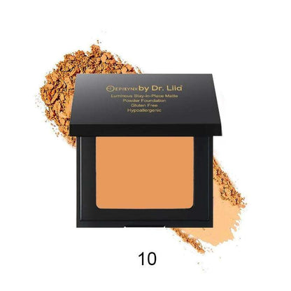 Matte powder foundation compact, shade 10, with orange-tan square pan and powder scatter