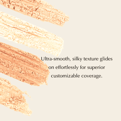 Matte powder foundation swatches in warm peach and light tan, showing smooth texture