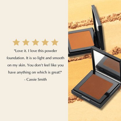 Matte powder foundation compact with open lid and pressed powder shade