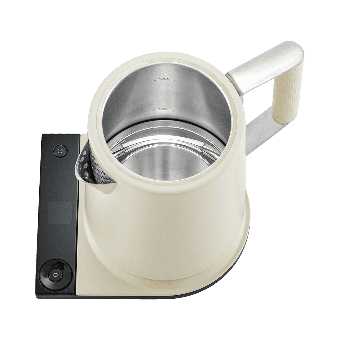 Electric kettle with pearl white exterior and visible stainless-steel interior